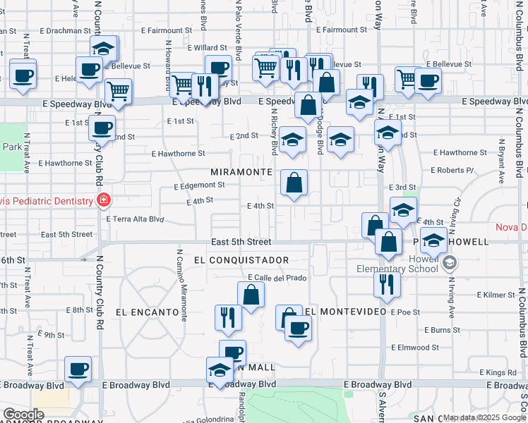 map of restaurants, bars, coffee shops, grocery stores, and more near 3602 East 4th Street in Tucson