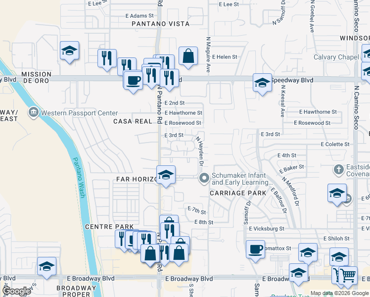 map of restaurants, bars, coffee shops, grocery stores, and more near 7917 East Colette Circle in Tucson