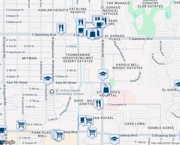 map of restaurants, bars, coffee shops, grocery stores, and more near 702 North Rook Avenue in Tucson