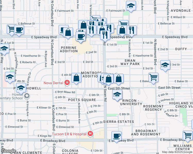 map of restaurants, bars, coffee shops, grocery stores, and more near 668 North Benton Avenue in Tucson