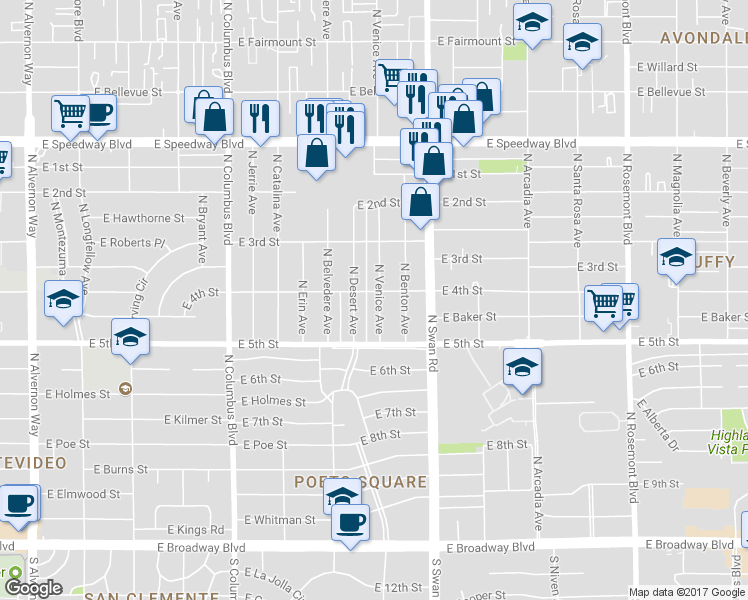 map of restaurants, bars, coffee shops, grocery stores, and more near 661 North Venice Avenue in Tucson