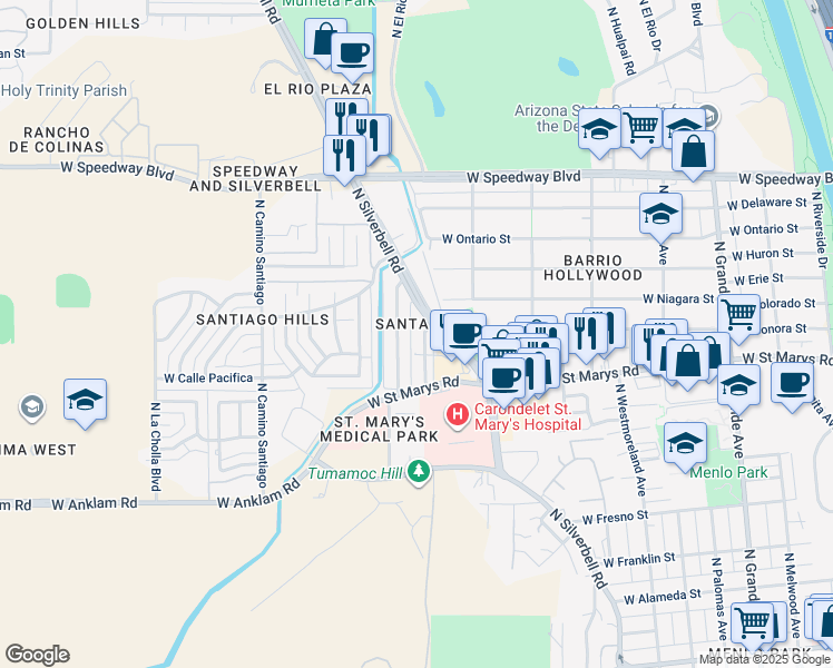 map of restaurants, bars, coffee shops, grocery stores, and more near 601 North San Jose Avenue in Tucson