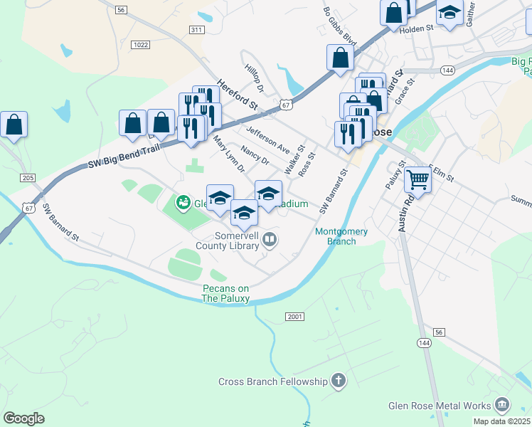 map of restaurants, bars, coffee shops, grocery stores, and more near 601 Stadium Drive in Glen Rose