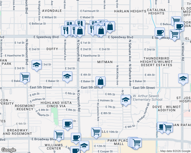 map of restaurants, bars, coffee shops, grocery stores, and more near 5614 East 4th Street in Tucson