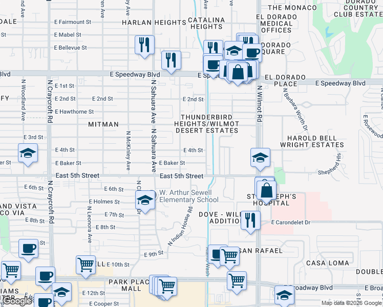 map of restaurants, bars, coffee shops, grocery stores, and more near 6026 East 4th Street in Tucson