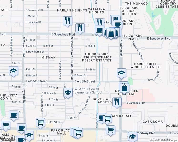map of restaurants, bars, coffee shops, grocery stores, and more near 6026 East 4th Street in Tucson