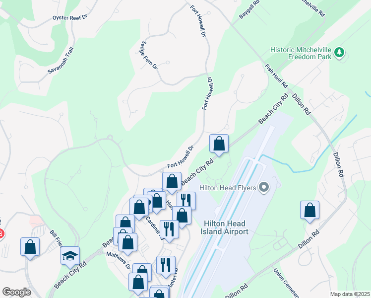 map of restaurants, bars, coffee shops, grocery stores, and more near 233 Fort Howell Drive in Hilton Head Island