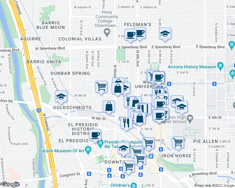 map of restaurants, bars, coffee shops, grocery stores, and more near 702 North Stone Avenue in Tucson