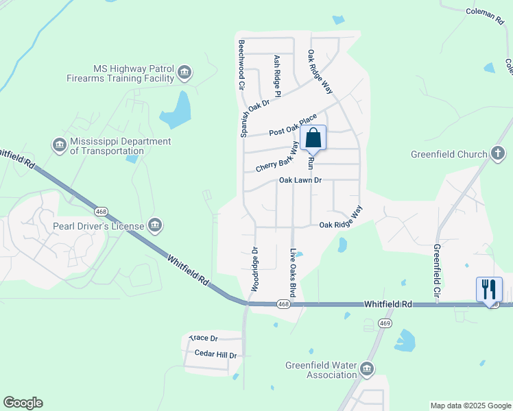 map of restaurants, bars, coffee shops, grocery stores, and more near 909 oakwood Cove in Pearl