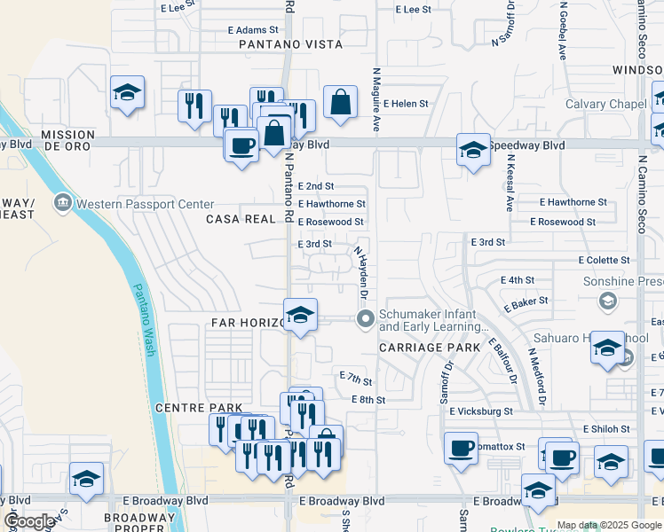 map of restaurants, bars, coffee shops, grocery stores, and more near 7917 East Colette Circle in Tucson