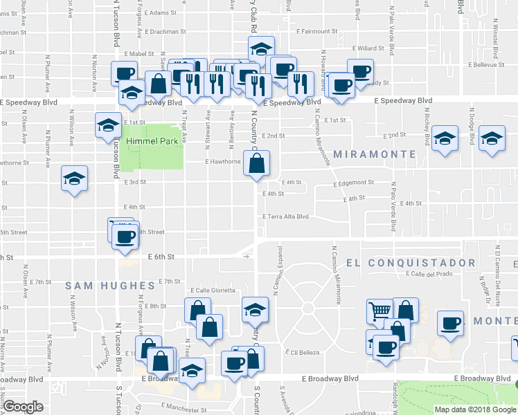 map of restaurants, bars, coffee shops, grocery stores, and more near 716 North Country Club Road in Tucson