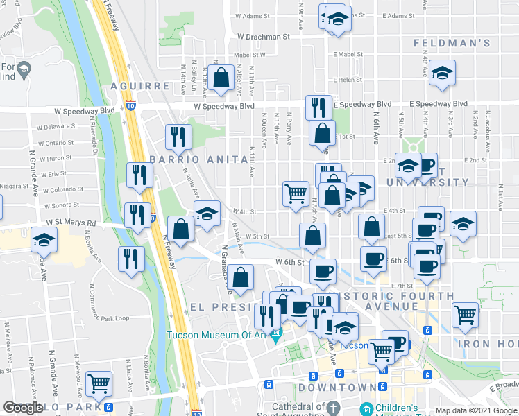 map of restaurants, bars, coffee shops, grocery stores, and more near 232 West 4th Street in Tucson