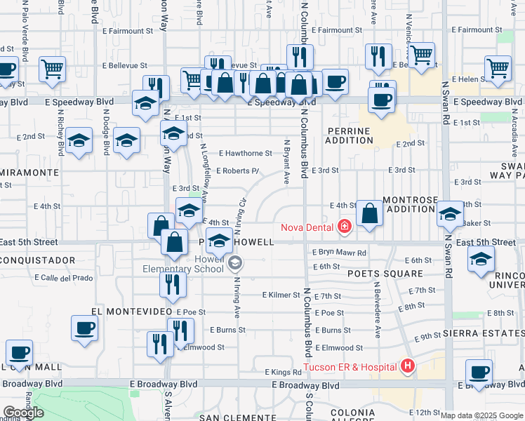map of restaurants, bars, coffee shops, grocery stores, and more near 624 North Texas Circle in Tucson