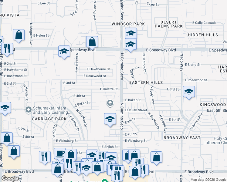 map of restaurants, bars, coffee shops, grocery stores, and more near 8634 E Colette St in Tucson