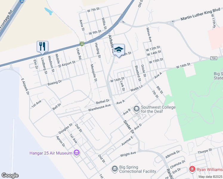 map of restaurants, bars, coffee shops, grocery stores, and more near 1611 Webb Lane in Big Spring