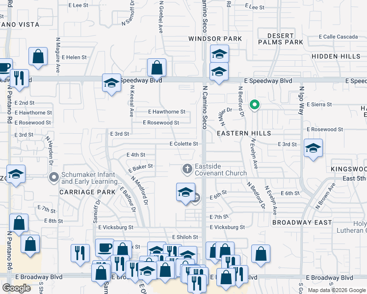 map of restaurants, bars, coffee shops, grocery stores, and more near 8634 East Colette Street in Tucson