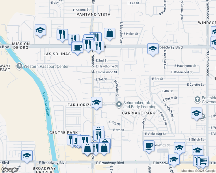 map of restaurants, bars, coffee shops, grocery stores, and more near 7917 East Colette Circle in Tucson
