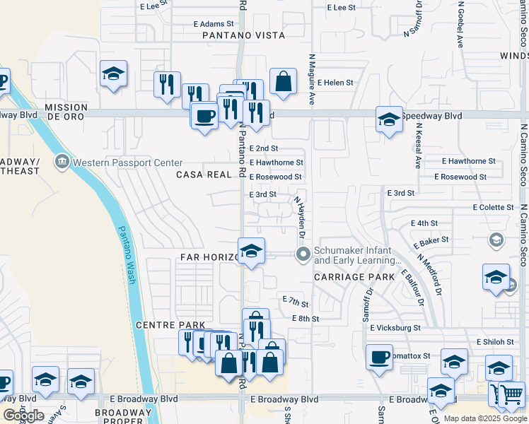 map of restaurants, bars, coffee shops, grocery stores, and more near 7972 East Colette Circle in Tucson