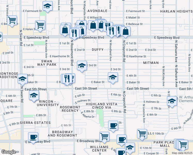 map of restaurants, bars, coffee shops, grocery stores, and more near 5272 East 4th Street in Tucson