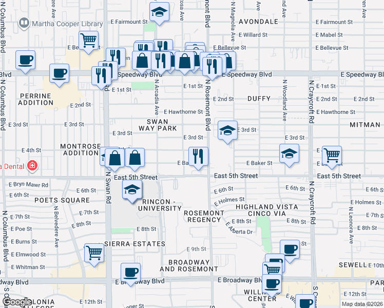 map of restaurants, bars, coffee shops, grocery stores, and more near 5002 East 4th Street in Tucson