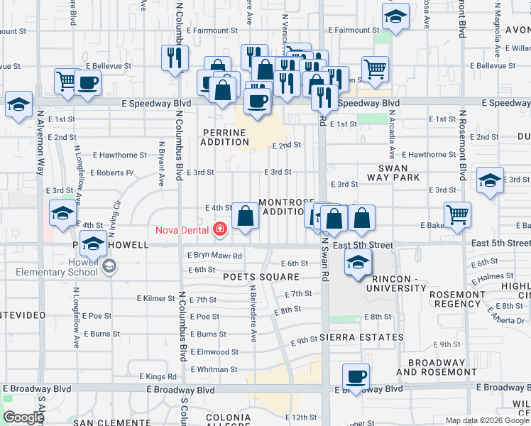 map of restaurants, bars, coffee shops, grocery stores, and more near 660 North Belvedere Avenue in Tucson