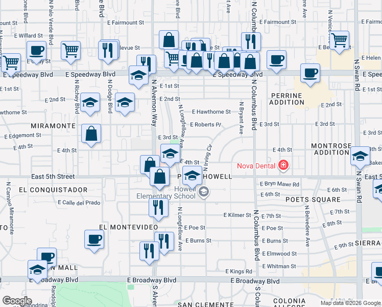 map of restaurants, bars, coffee shops, grocery stores, and more near 660 North Longfellow Avenue in Tucson