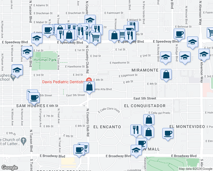 map of restaurants, bars, coffee shops, grocery stores, and more near 711 North Crest Drive in Tucson