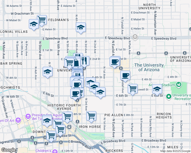 map of restaurants, bars, coffee shops, grocery stores, and more near 704 North 2nd Avenue in Tucson
