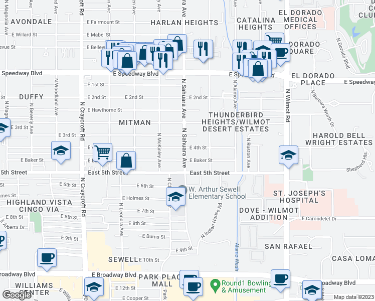 map of restaurants, bars, coffee shops, grocery stores, and more near 5906 East 4th Street in Tucson