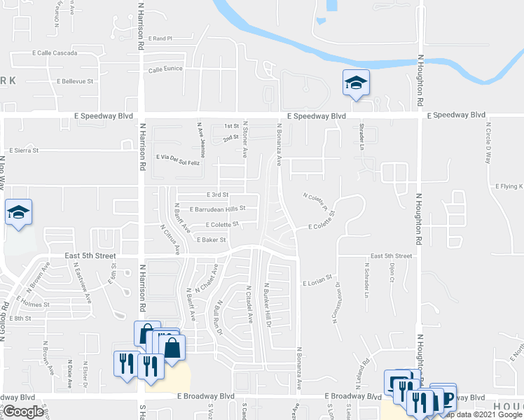 map of restaurants, bars, coffee shops, grocery stores, and more near 734 North Citadel Avenue in Tucson
