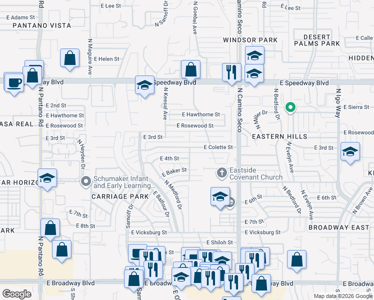 map of restaurants, bars, coffee shops, grocery stores, and more near 8502 East Colette Street in Tucson