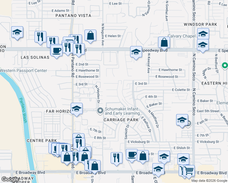 map of restaurants, bars, coffee shops, grocery stores, and more near 8124 East Colette Place in Tucson