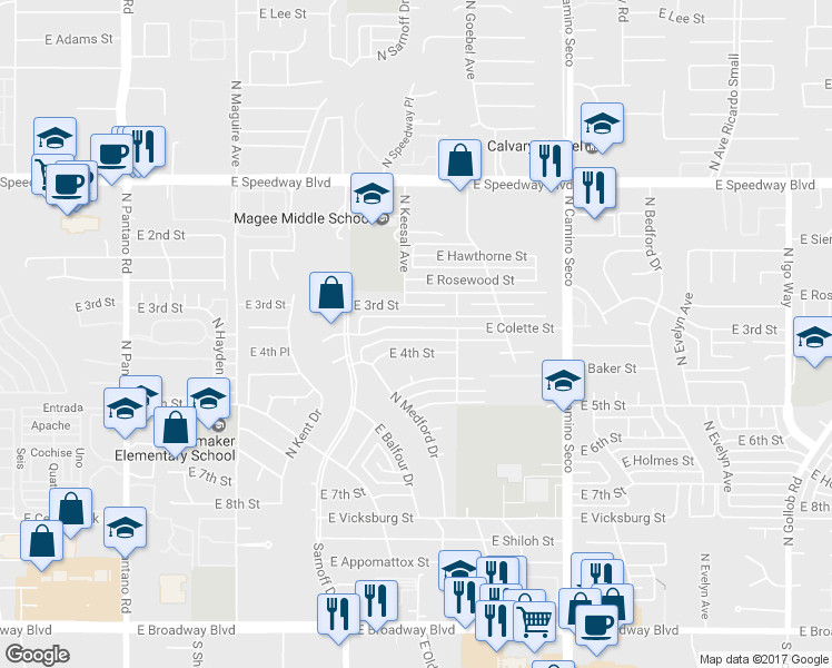map of restaurants, bars, coffee shops, grocery stores, and more near 8412 East Colette Street in Tucson