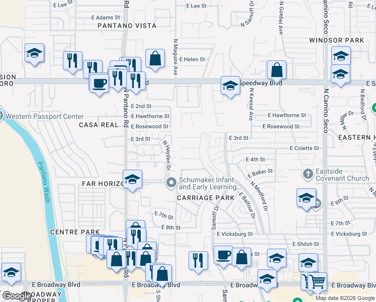 map of restaurants, bars, coffee shops, grocery stores, and more near 8124 East Colette Place in Tucson