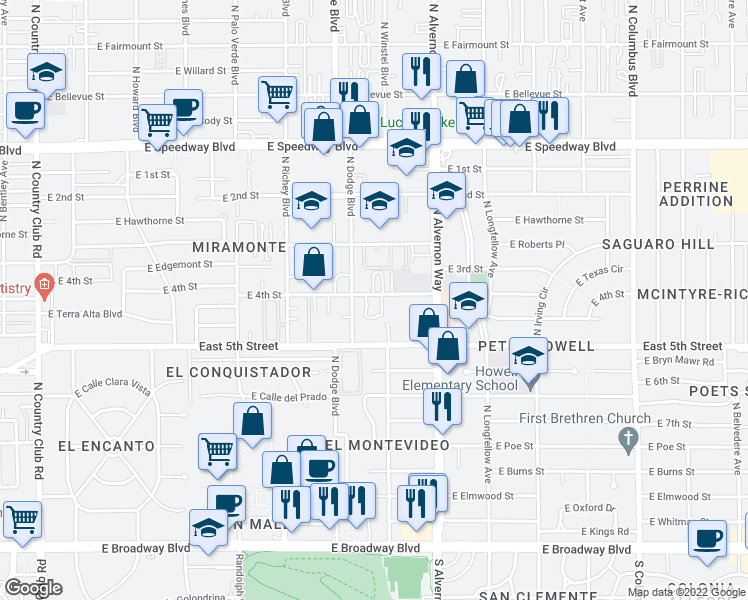 map of restaurants, bars, coffee shops, grocery stores, and more near 678 North Dodge Boulevard in Tucson