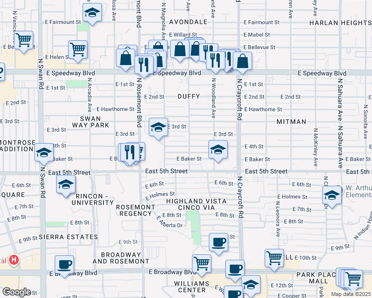 map of restaurants, bars, coffee shops, grocery stores, and more near 5272 East 4th Street in Tucson