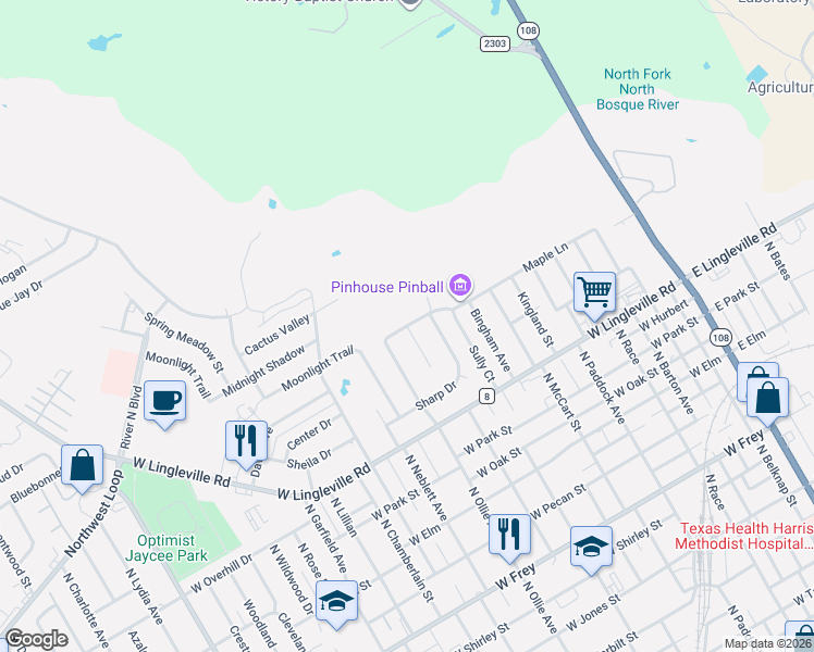 map of restaurants, bars, coffee shops, grocery stores, and more near 100 Double Horn Street in Stephenville