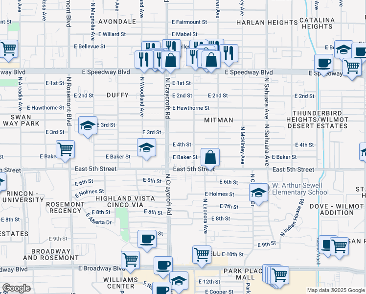 map of restaurants, bars, coffee shops, grocery stores, and more near 5546 East 4th Street in Tucson