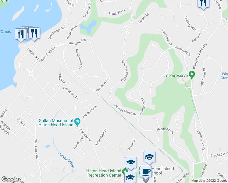 map of restaurants, bars, coffee shops, grocery stores, and more near 32 Cypress Marsh Drive in Hilton Head Island
