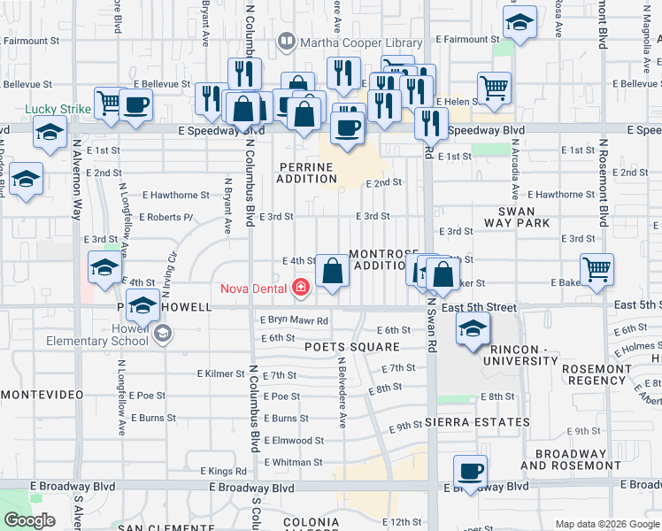 map of restaurants, bars, coffee shops, grocery stores, and more near 4474 East 4th Street in Tucson