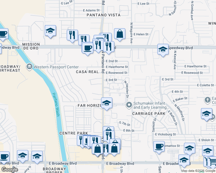 map of restaurants, bars, coffee shops, grocery stores, and more near 7972 East Colette Circle in Tucson