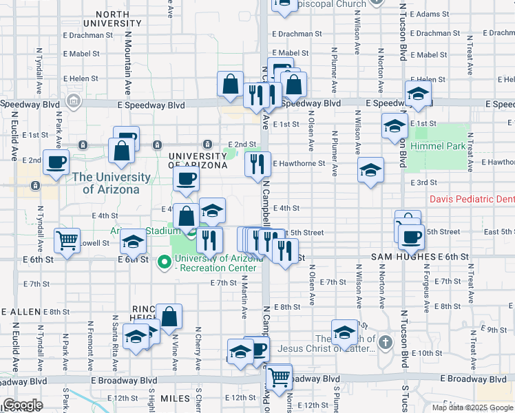 map of restaurants, bars, coffee shops, grocery stores, and more near 1827 East Enke Drive in Tucson