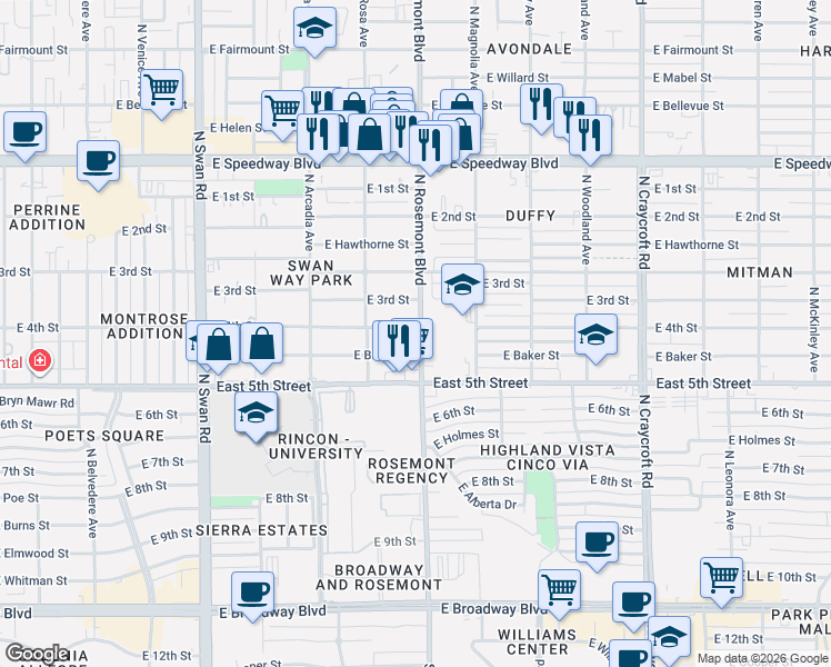 map of restaurants, bars, coffee shops, grocery stores, and more near 5056 East 4th Street in Tucson