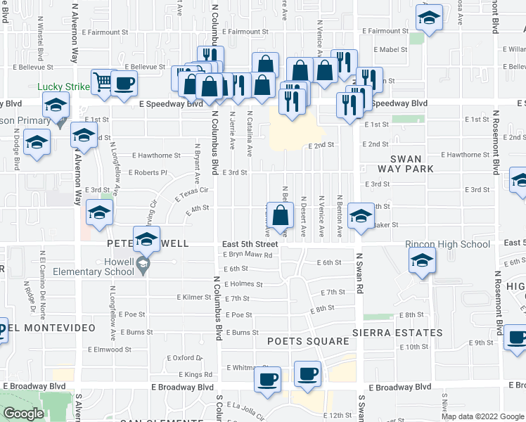 map of restaurants, bars, coffee shops, grocery stores, and more near 4434 East 4th Street in Tucson