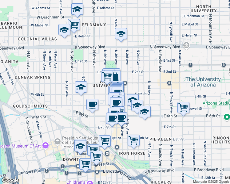 map of restaurants, bars, coffee shops, grocery stores, and more near 347 East 4th Street in Tucson