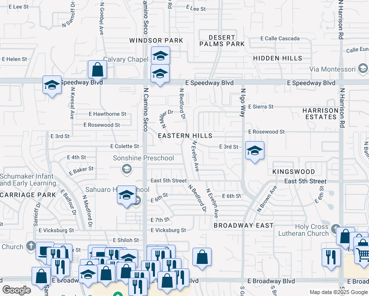 map of restaurants, bars, coffee shops, grocery stores, and more near 742 North Bedford Drive in Tucson