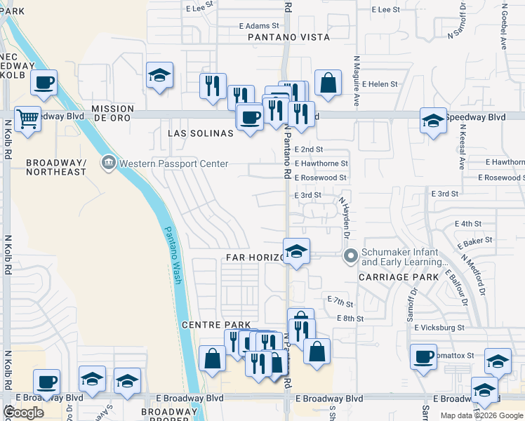 map of restaurants, bars, coffee shops, grocery stores, and more near 7824 East Colette Street in Tucson