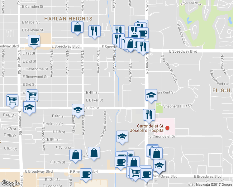 map of restaurants, bars, coffee shops, grocery stores, and more near 710 North Alamo Avenue in Tucson