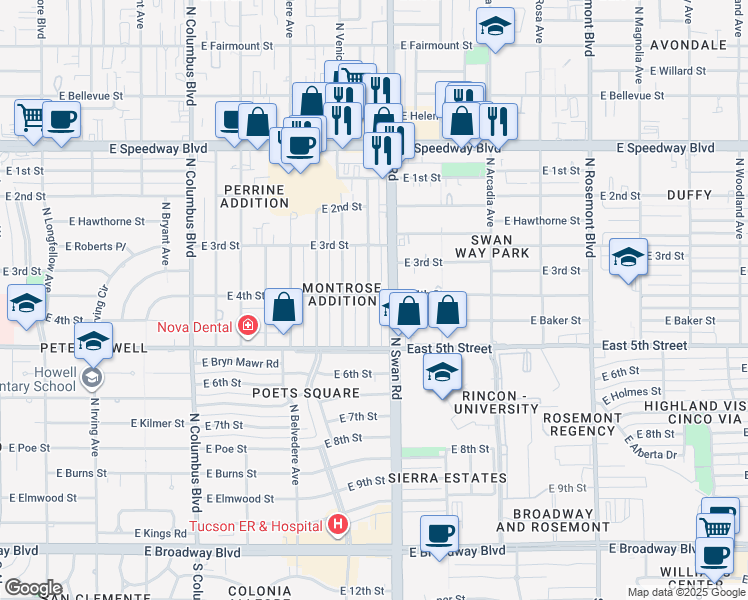 map of restaurants, bars, coffee shops, grocery stores, and more near 668 North Benton Avenue in Tucson