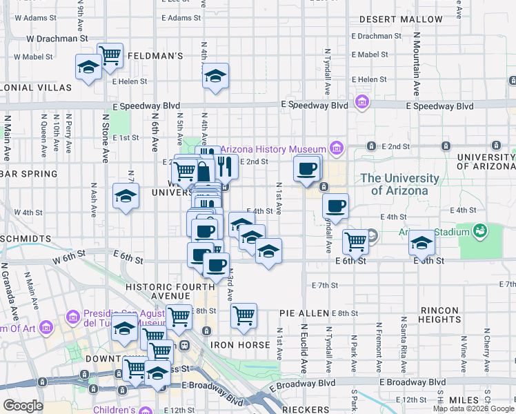 map of restaurants, bars, coffee shops, grocery stores, and more near 704 North 2nd Avenue in Tucson